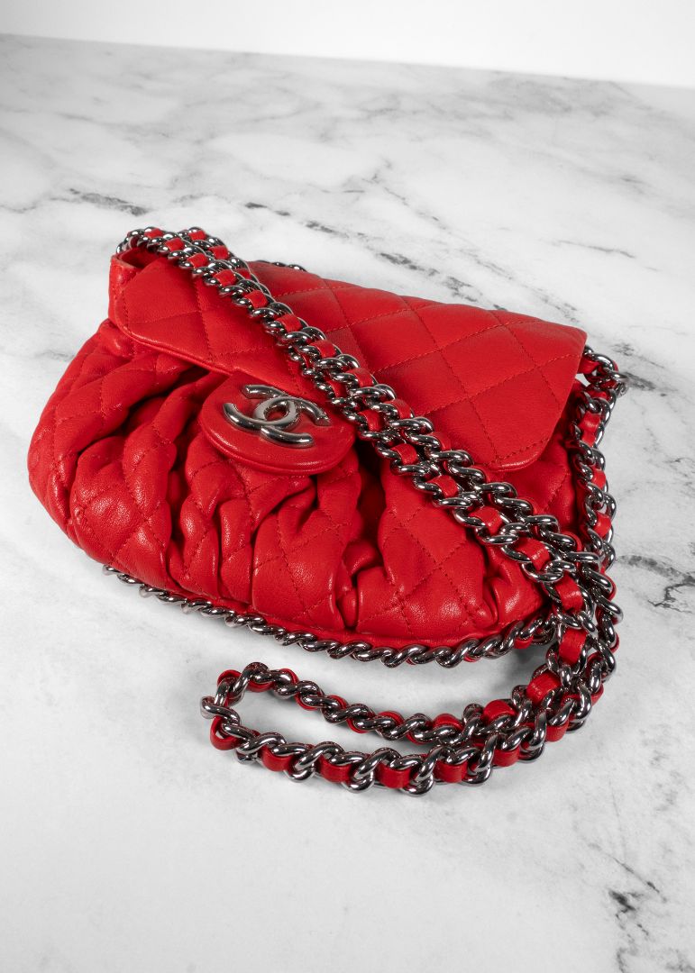 Chanel Red Quilted Lambskin Chain Around Bag With Silver Hardware
