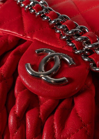Chanel Red Quilted Lambskin Chain Around Bag With Silver Hardware