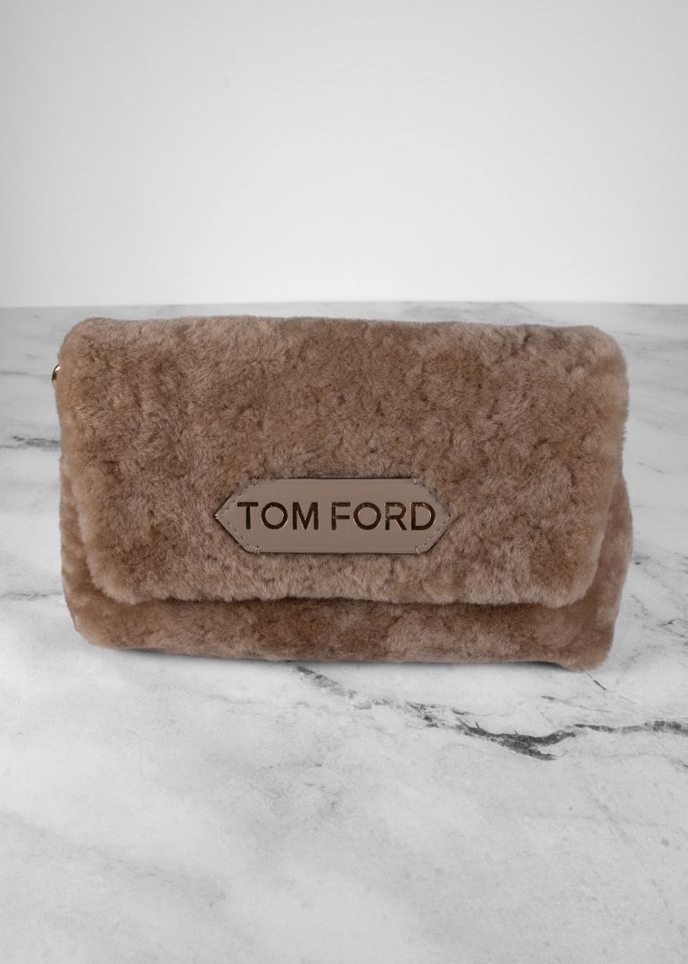 Tom Ford Light Brown Mini Shearling Bag With Gold Chain