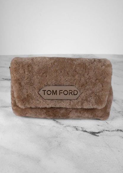 Tom Ford Light Brown Mini Shearling Bag With Gold Chain