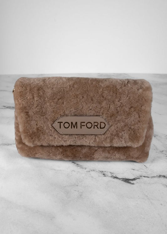 Tom Ford Light Brown Mini Shearling Bag With Gold Chain