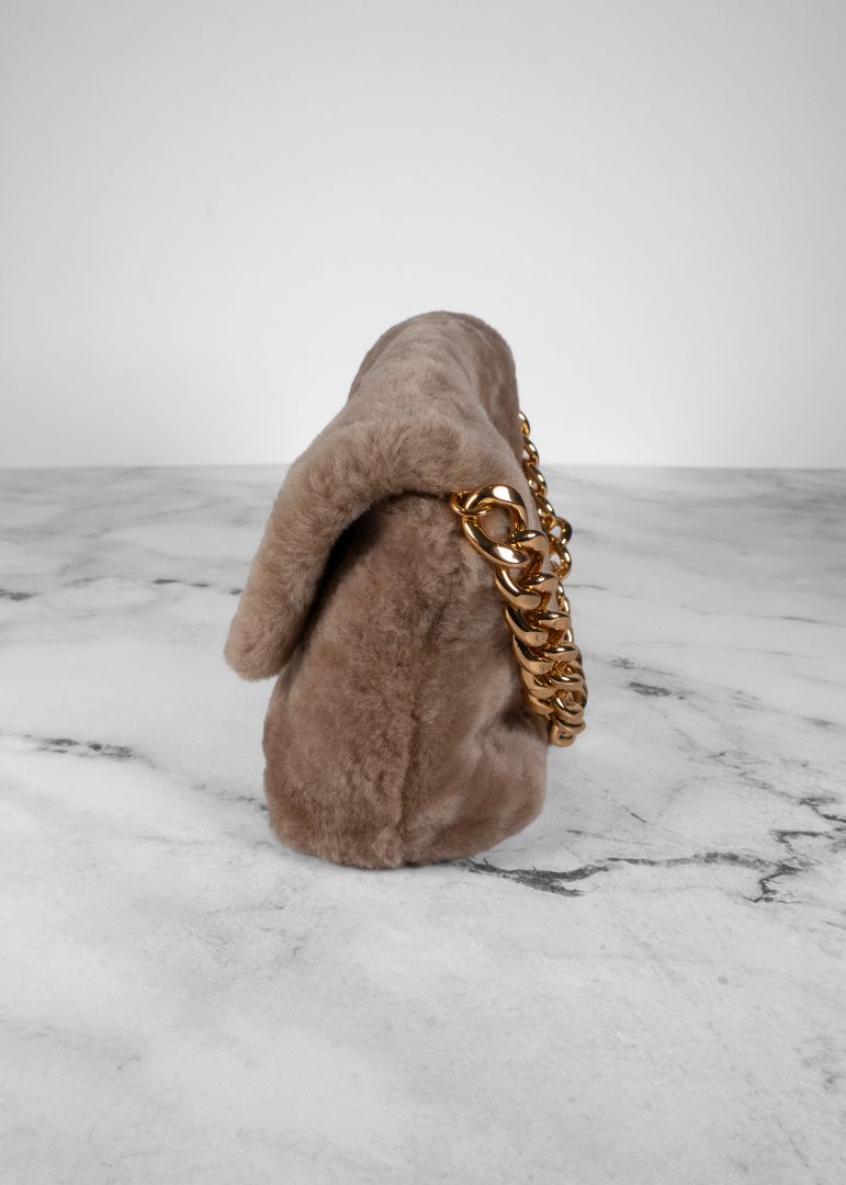 Tom Ford Light Brown Mini Shearling Bag With Gold Chain