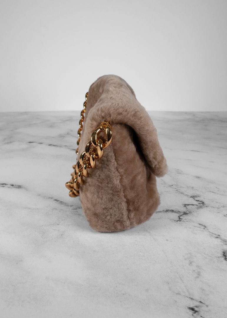 Tom Ford Light Brown Mini Shearling Bag With Gold Chain