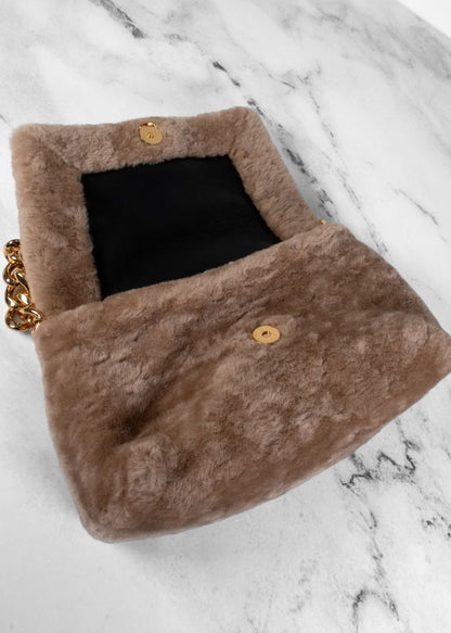 Tom Ford Light Brown Mini Shearling Bag With Gold Chain