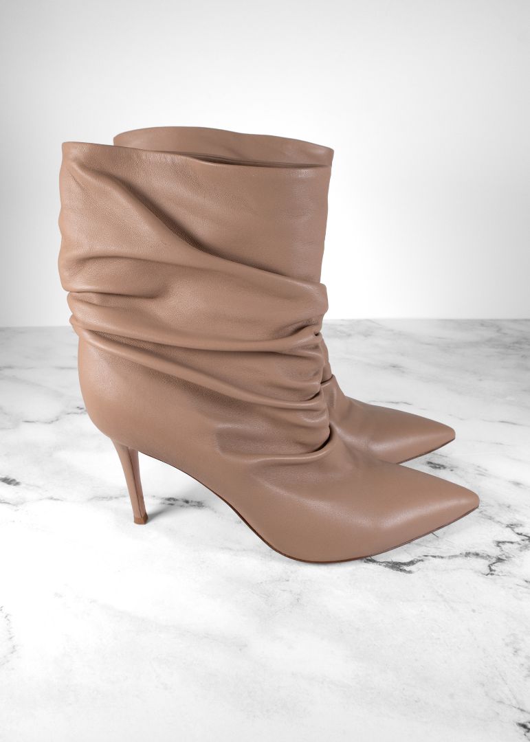 Gianvito Rossi Taupe Leather Cecile 85 Ruched Ankle Boots