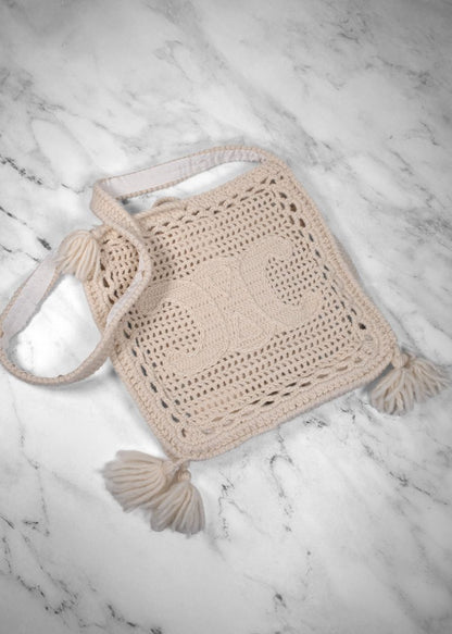 Celine Ivory Crochet Triomphe Tote Bag With Tassels