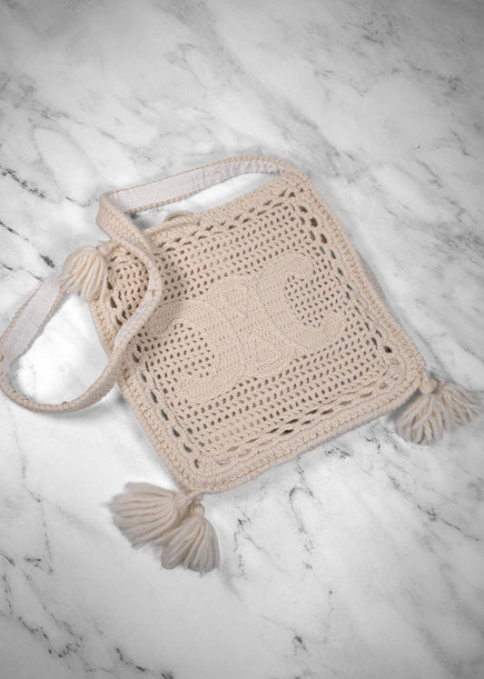 Celine Ivory Crochet Triomphe Tote Bag With Tassels