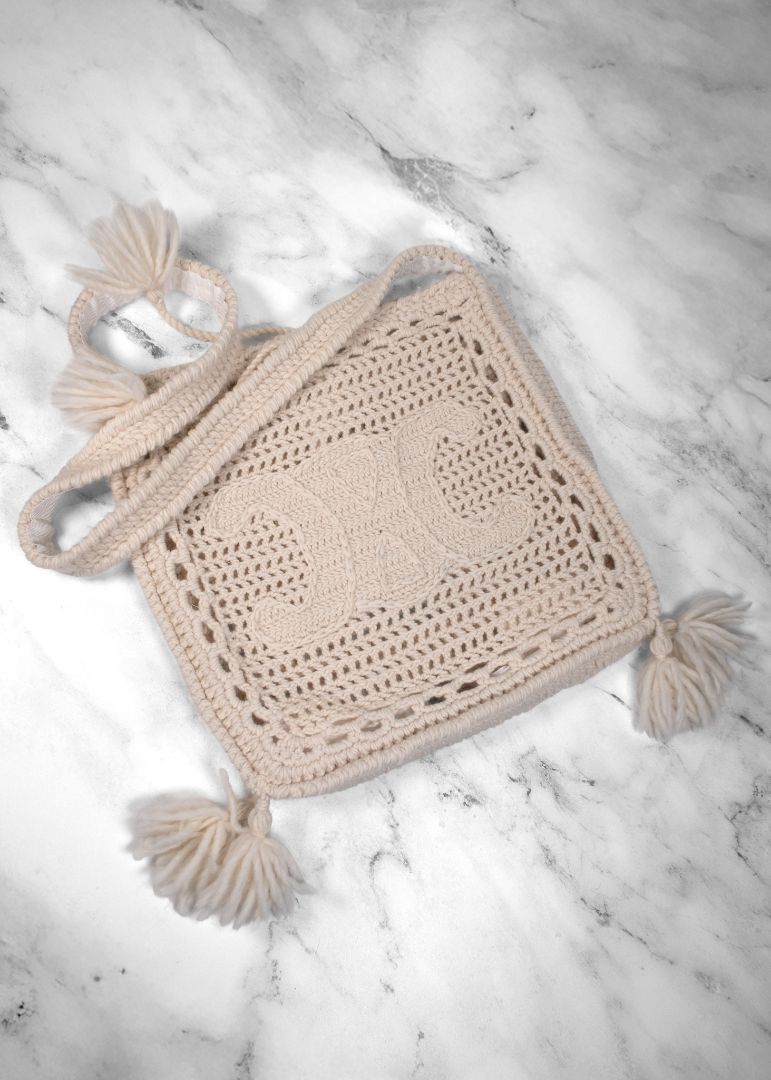 Celine Ivory Crochet Triomphe Tote Bag With Tassels