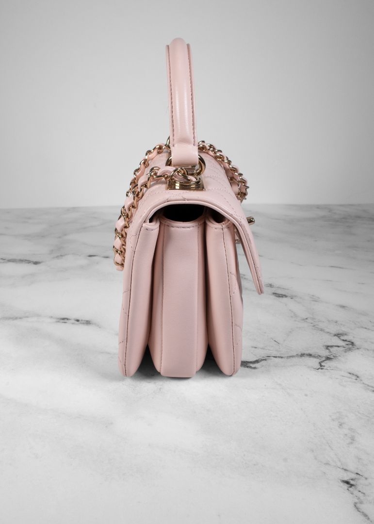 Chanel Light Pink Quilted Lambskin Leather Top Handle Trendy CC Bag