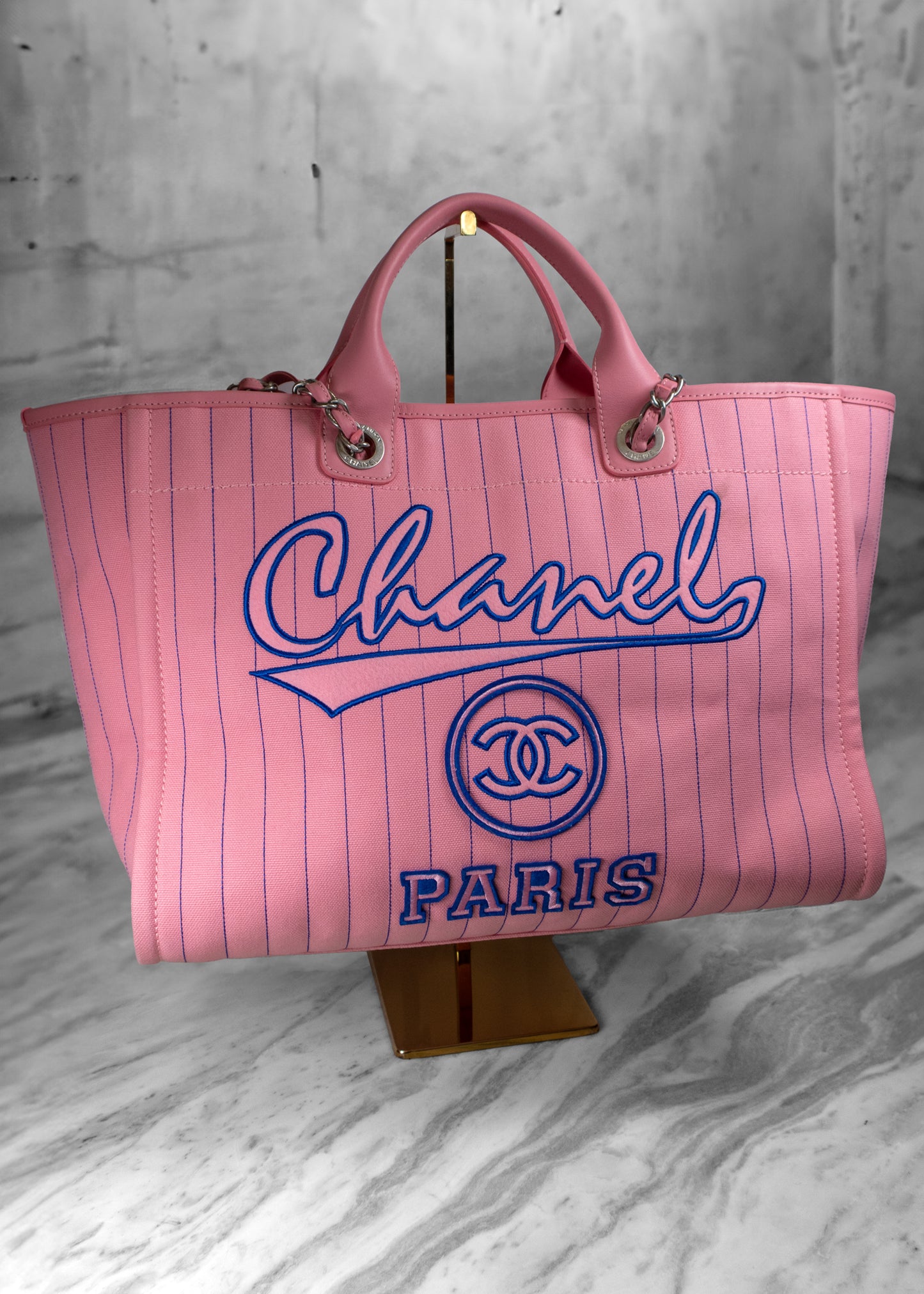 Chanel Canvas Calfskin Striped Medium Deauville Pink Tote Bag