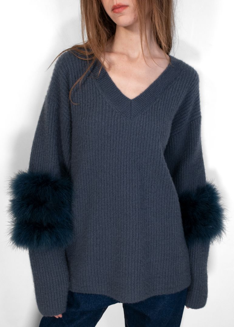 Lapointe Marine Cashmere V Neck Sweater With Feathers