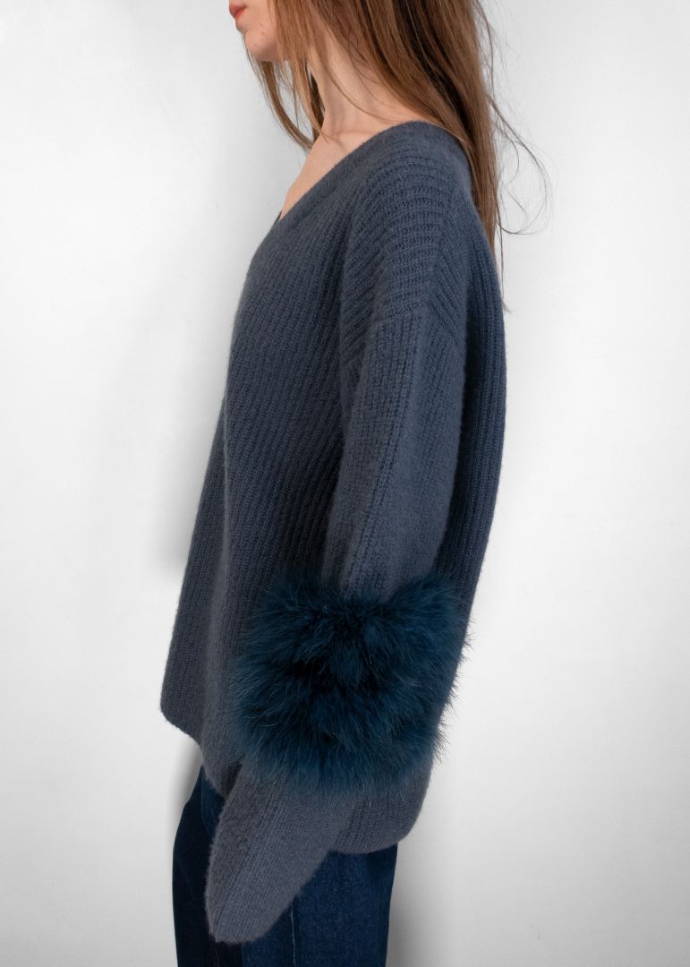 Lapointe Marine Cashmere V Neck Sweater With Feathers