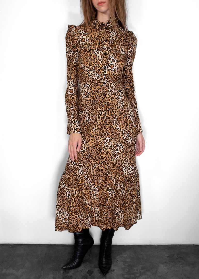Saint Laurent Long Sleeve Leopard Print Maxi Dress
