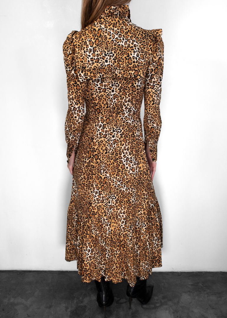 Saint Laurent Long Sleeve Leopard Print Maxi Dress