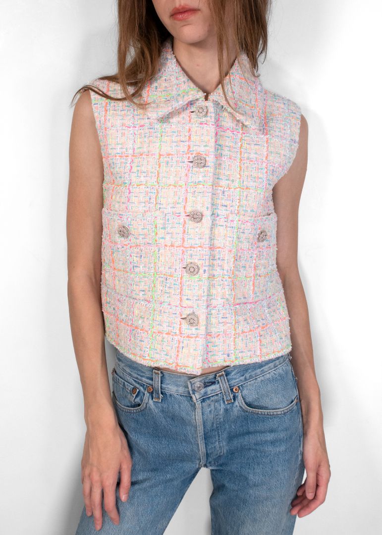 Chanel Light Multicolor Tweed Vest With Crystal Embellished Buttons