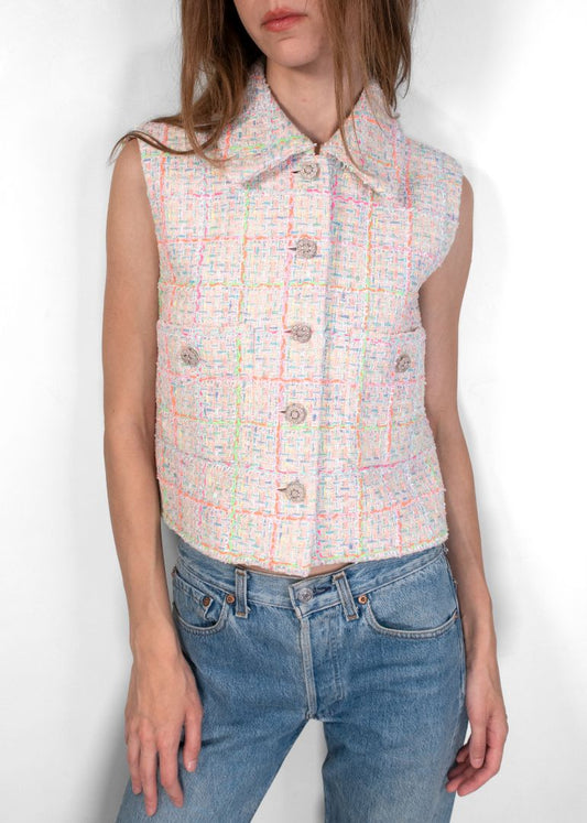 Chanel Light Multicolor Tweed Vest With Crystal Embellished Buttons