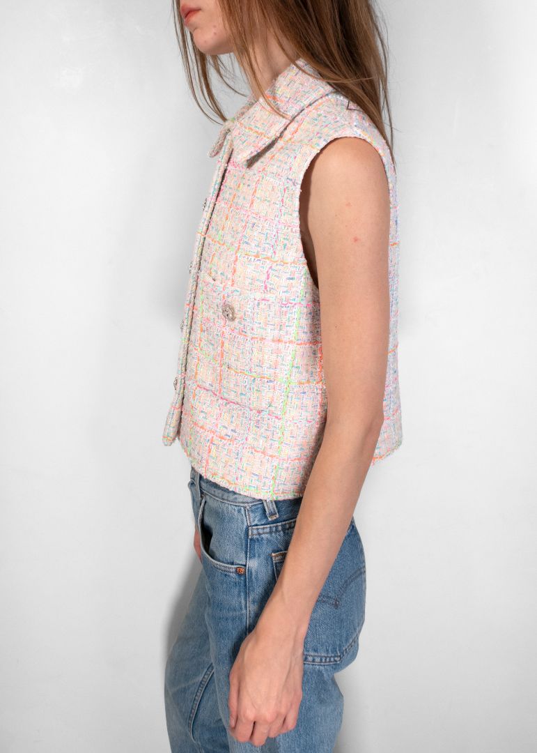Chanel Light Multicolor Tweed Vest With Crystal Embellished Buttons