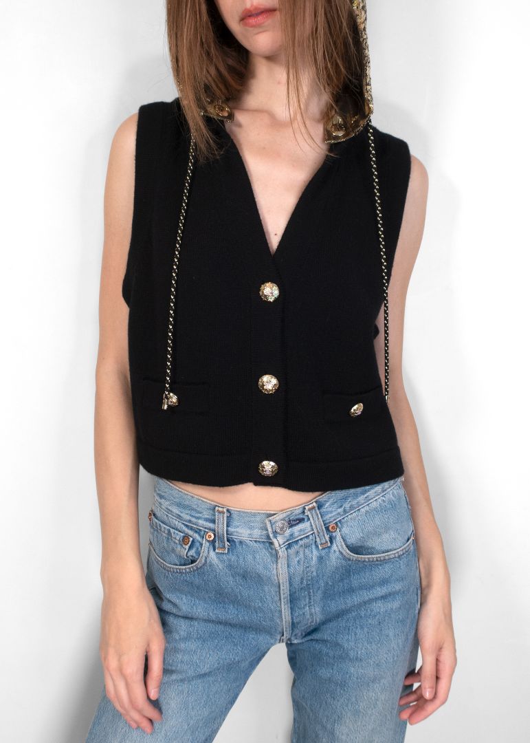 Chanel Black Knit Vest With Sequin Removable Hoodie And Gold Star Buttons