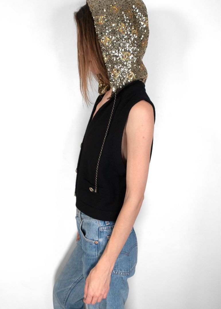 Chanel Black Knit Vest With Sequin Removable Hoodie And Gold Star Buttons