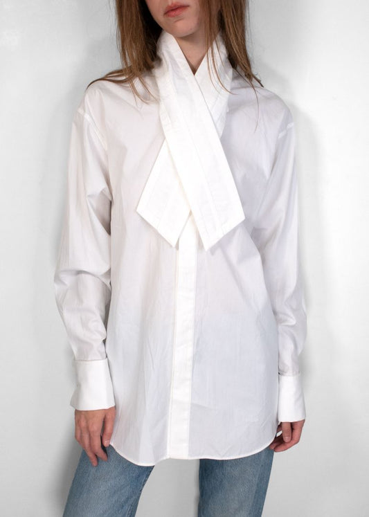 Phoebe Philo White Cotton Tie Neck Button Down Shirt