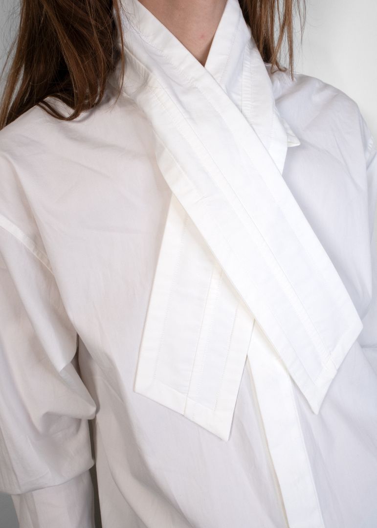 Phoebe Philo White Cotton Tie Neck Button Down Shirt