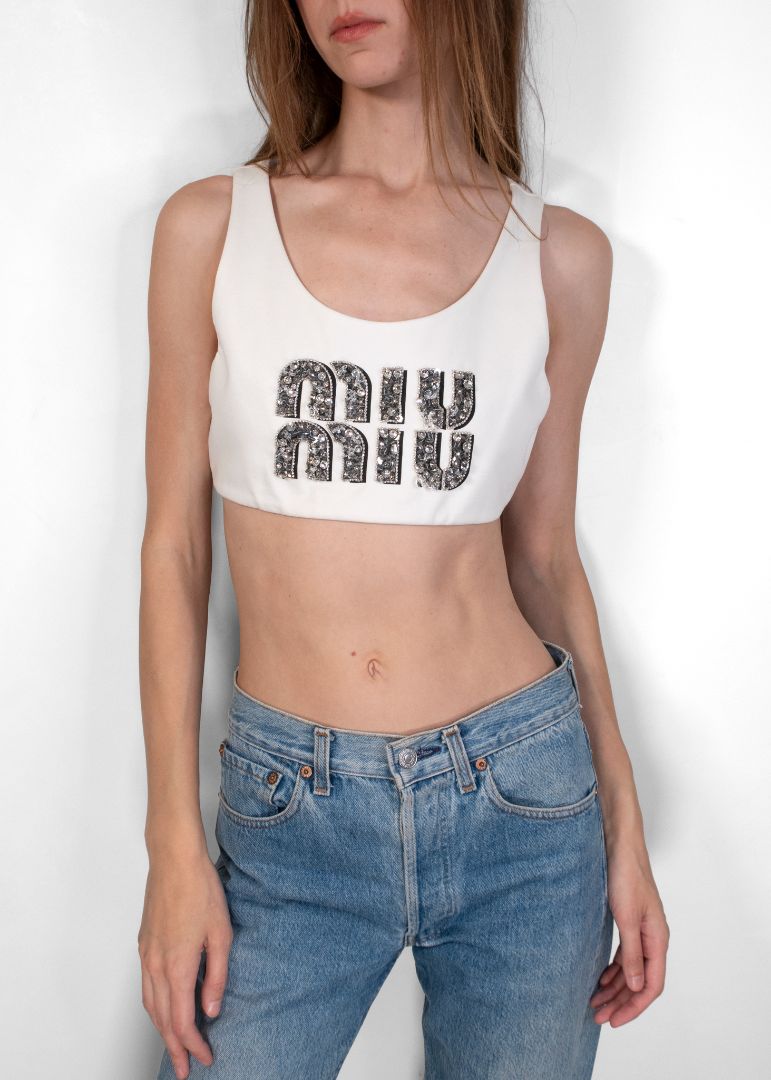 Miu Miu Ivory Cropped Crystal Embellished Top