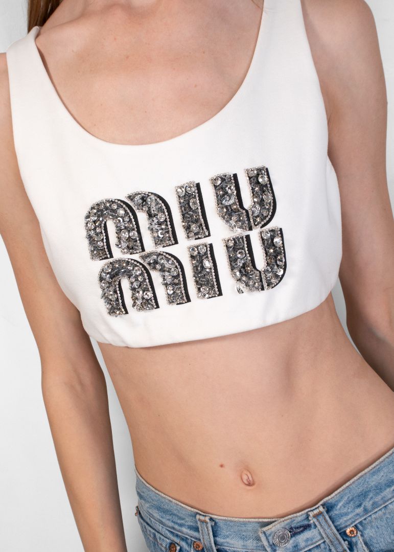 Miu Miu Ivory Cropped Crystal Embellished Top