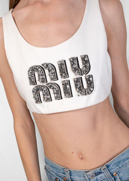Miu Miu Ivory Cropped Crystal Embellished Top