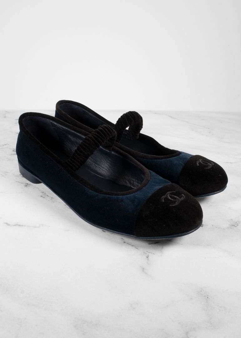 Chanel Black And Blue Velvet Mary Janes