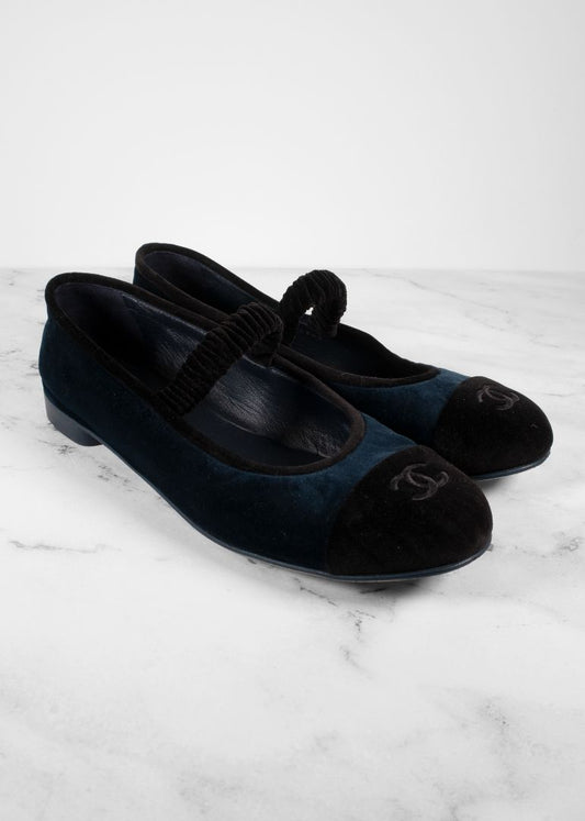Chanel Black And Blue Velvet Mary Janes