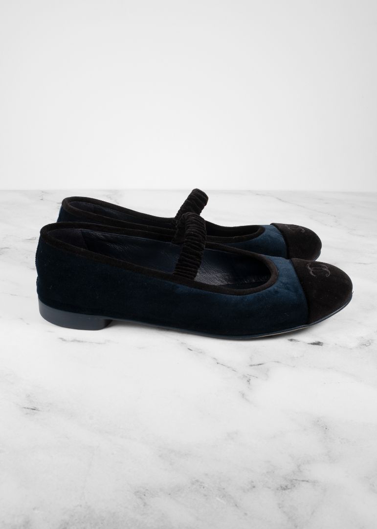 Chanel Black And Blue Velvet Mary Janes