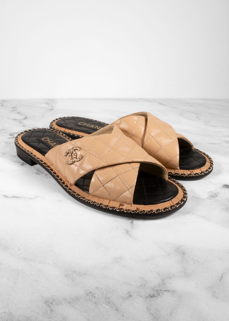 Chanel Beige Quilted Leather Slides