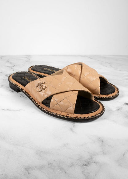 Chanel Beige Quilted Leather Slides