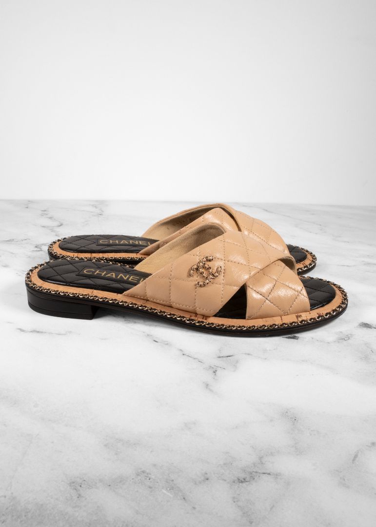 Chanel Beige Quilted Leather Slides