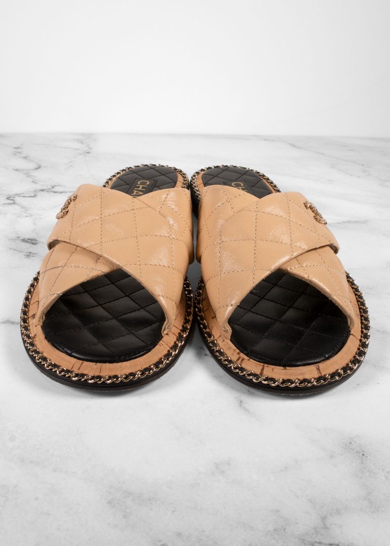 Chanel Beige Quilted Leather Slides