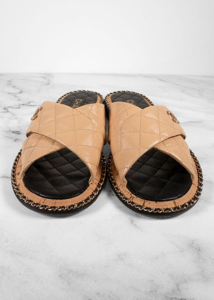 Chanel Beige Quilted Leather Slides