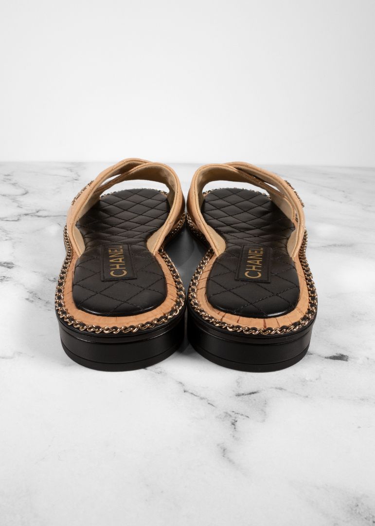 Chanel Beige Quilted Leather Slides