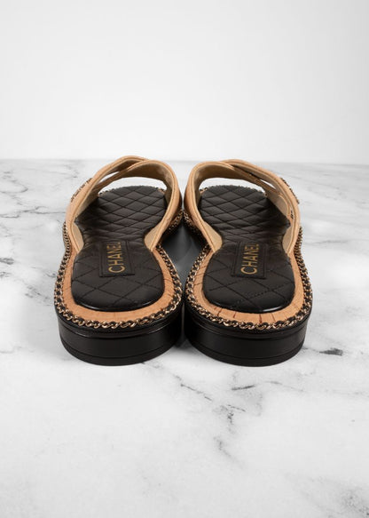 Chanel Beige Quilted Leather Slides