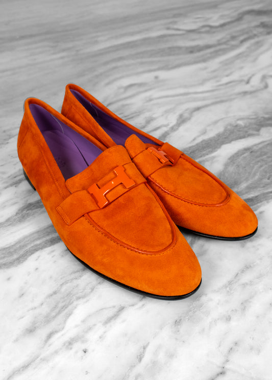 Hermès Orange Suede Paris Loafers