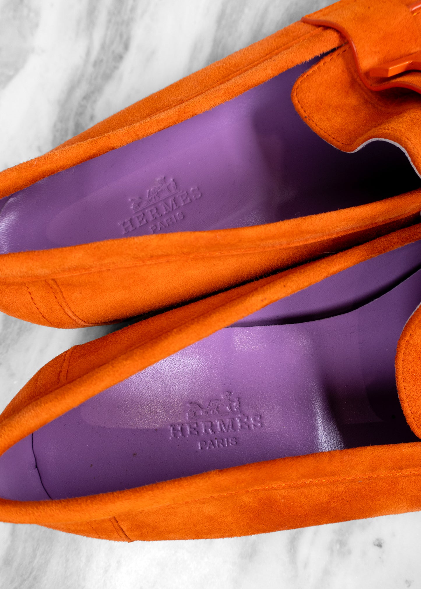 Hermès Orange Suede Paris Loafers