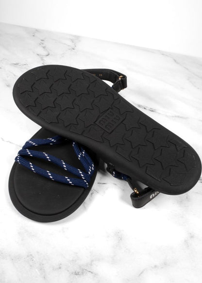 Miu Miu Black Sandals With Navy And White Dotted Rope