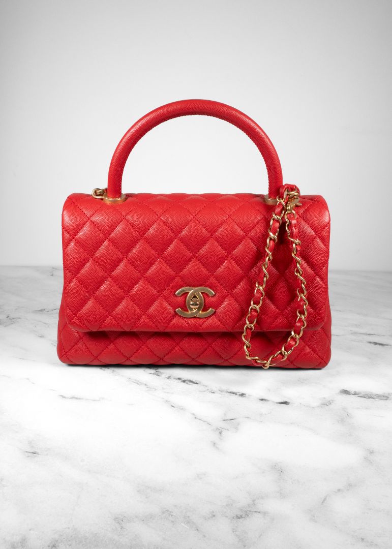 Chanel Red Caviar Leather Quilted Top Handle Bag
