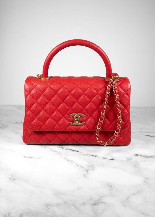 Chanel Red Caviar Leather Quilted Top Handle Bag
