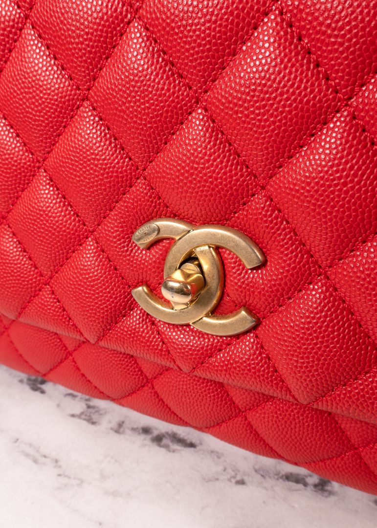 Chanel Red Caviar Leather Quilted Top Handle Bag