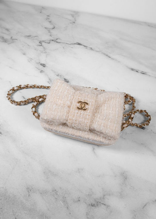 Chanel Ivory Tweed Mini Bow Bag With Gold Chain