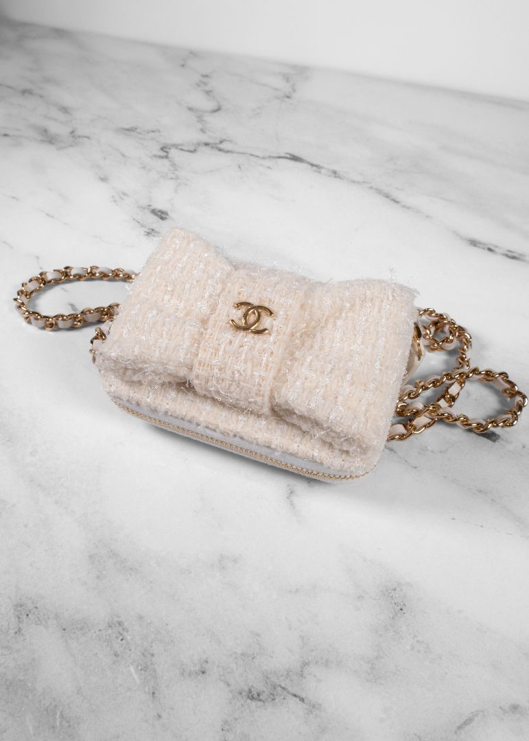 Chanel Ivory Tweed Mini Bow Bag With Gold Chain
