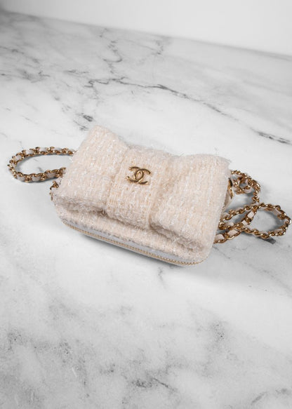 Chanel Ivory Tweed Mini Bow Bag With Gold Chain