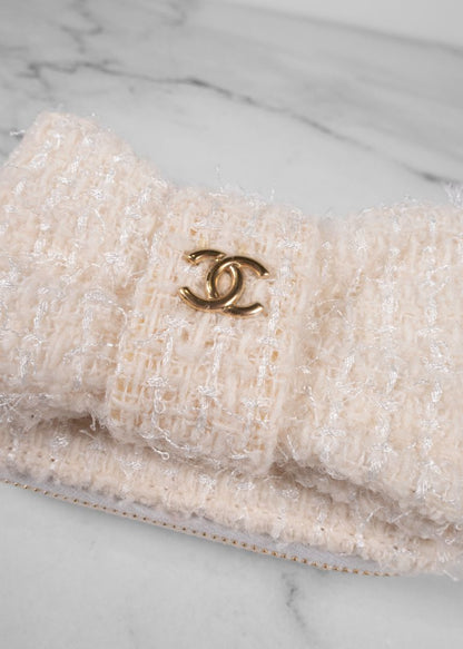 Chanel Ivory Tweed Mini Bow Bag With Gold Chain