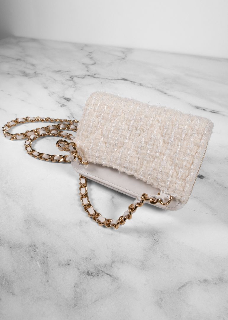 Chanel Ivory Tweed Mini Bow Bag With Gold Chain