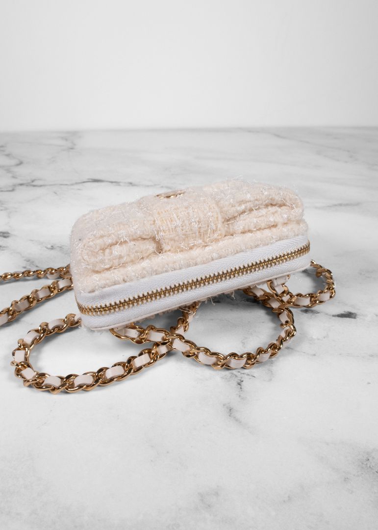 Chanel Ivory Tweed Mini Bow Bag With Gold Chain